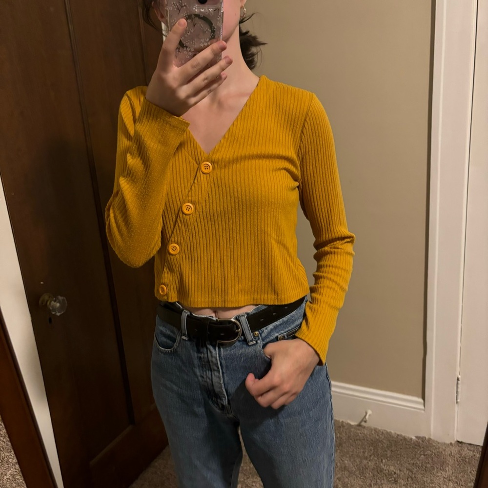 Altar’d State Medium Mustard Cropped Cardigan Sweater with Buttons